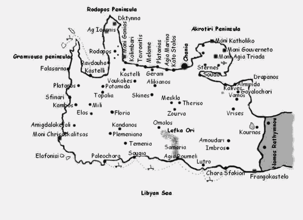 Map showing Nomos Chanion, Crete. North, West, South coasts.